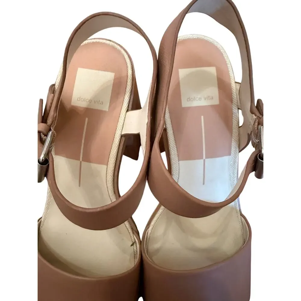 Dolce Vita Wallis Tan Leather Chunky Platform Heels Sandals Retro Festival Sz 9 - Picture 4 of 9